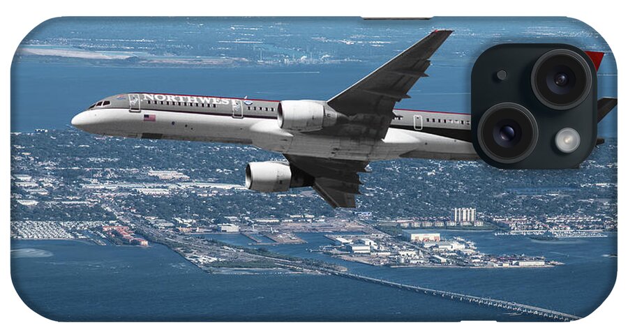 Northwest Orient Airlines iPhone Case featuring the mixed media Northwest Airlines Boeing 757 over Tampa Bay by Erik Simonsen