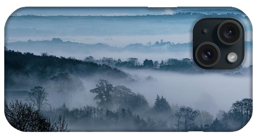 Letterkenny Donegal Ireland Sky Mist Fog Landscape Mountians Trees Hazy Light November Autumn Winter Cool Blue iPhone Case featuring the photograph November Mist - Letterkenny, Donegal by John Soffe