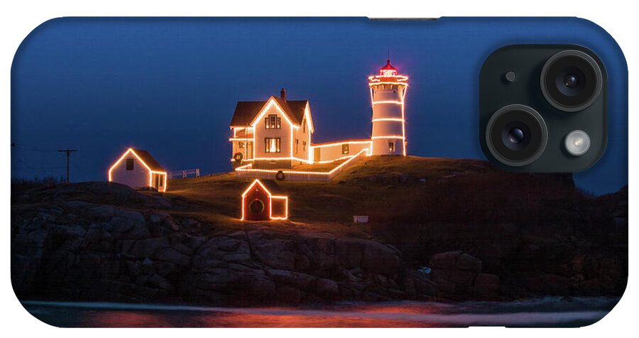Maine Lighthouse iPhone Case featuring the photograph Nubble lighthouse with Christmas Lights by Jeff Folger