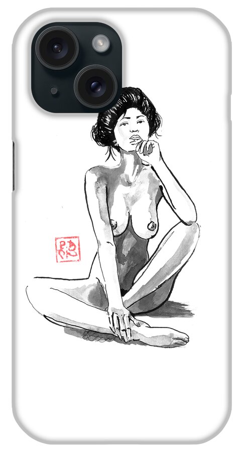Sumie iPhone Case featuring the drawing Nude Geisha Thinking by Pechane Sumie