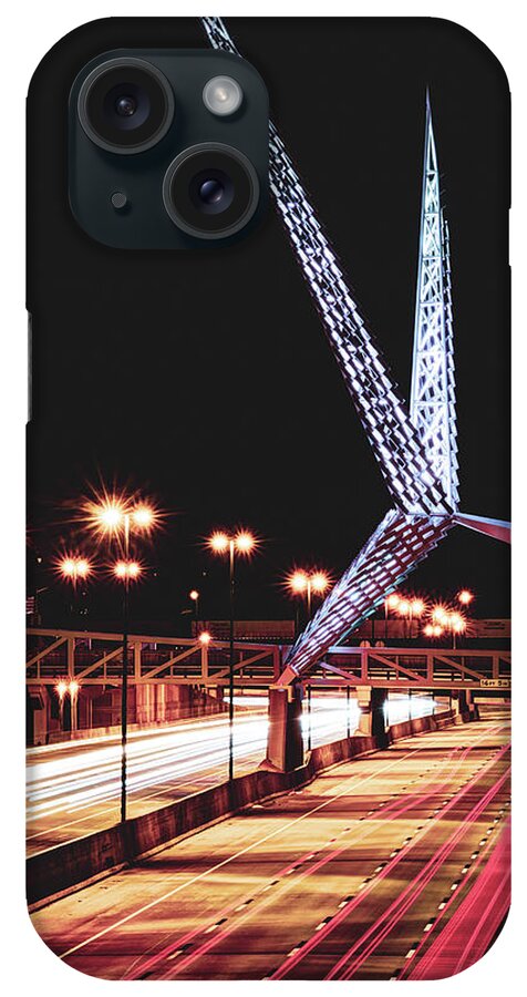 America iPhone Case featuring the photograph OKC Scissor-Tailed Flycatcher Sculpture and Skydance Bridge by Gregory Ballos