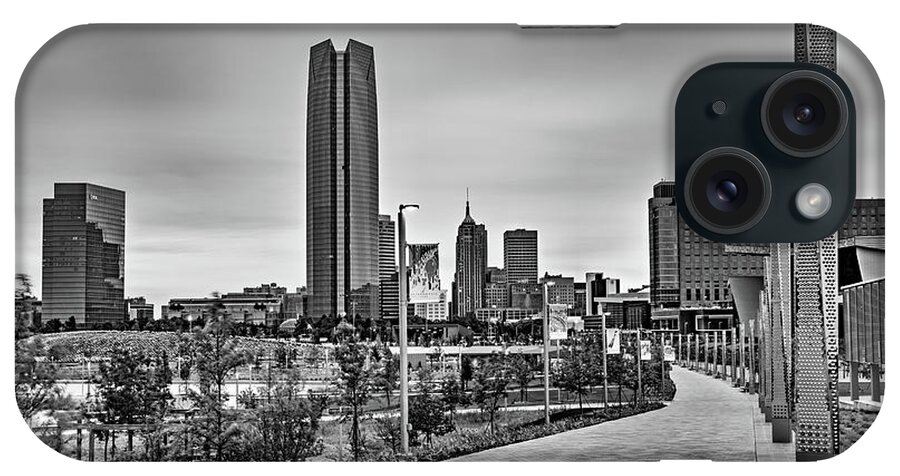 Oklahoma City iPhone Case featuring the photograph Oklahoma City Skyline From The Scissortail Park Promenade - Black and White Edition by Gregory Ballos