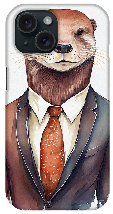 Otter iPhone Case featuring the painting Otter in Suit Watercolor Hipster Animal Retro Costume by Jeff Creation