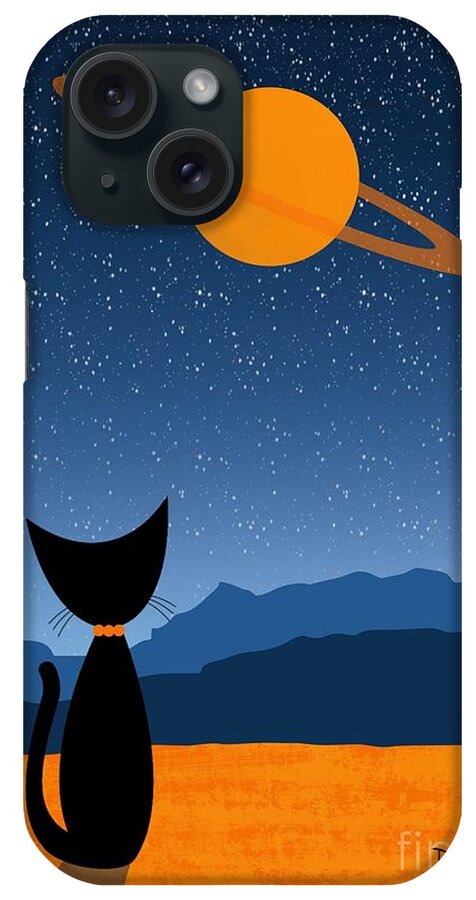 iPhone Case featuring the digital art Outer Space Cat Admires Ringed Planet 2 by Donna Mibus