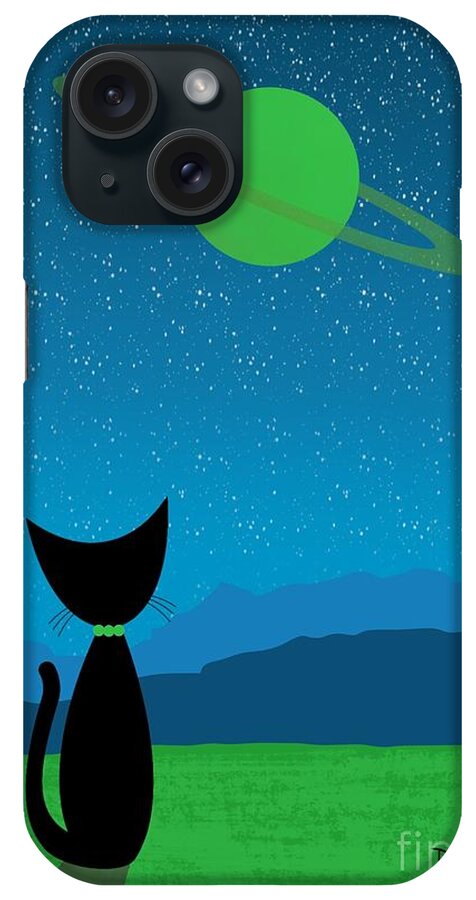  iPhone Case featuring the digital art Outer Space Cat Admires Ringed Planet 3 by Donna Mibus