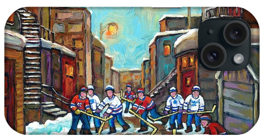 Montreal iPhone Case featuring the painting Outremont Back Lanes Hockey Park Ex To Rosemont To Verdun Kids Winter Fun Montreal Artist C Spandau by Carole Spandau