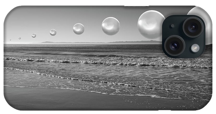 Surreal Monochrome Black And White Surreal Pearls Spheres Floating Aligned Row Beach Waves Sand Pearlescent Hovering Floating Flying Midair Weightless Serine Calm Surrealistic Surrealism Digital Photograph Fantasy Digital Art Unreal Beyond Real Unusual Unearthly Uncanny Dreamlike Dreamscape Retouched Photoshop Edited Curious Imagination Make-believe Creative Creativity Vision Daydream Fanciful Illusion Original Mind's Eye iPhone Case featuring the photograph Over the Horizon BW by Perry Hambright