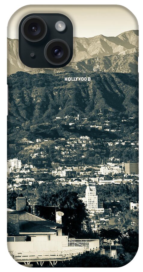 Hollywood Hills iPhone Case featuring the photograph Overlooking Hollywood Hills And The Santa Monica Mountains - Sepia Edition by Gregory Ballos