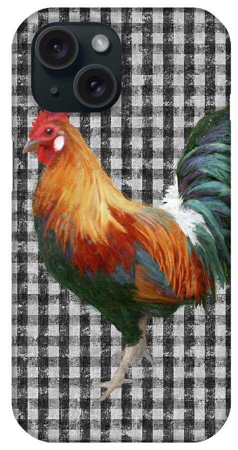 Black And White iPhone Case featuring the painting Painterly Black and White Rooster over Gingham Farmhouse Decor by Audrey Jeanne Roberts