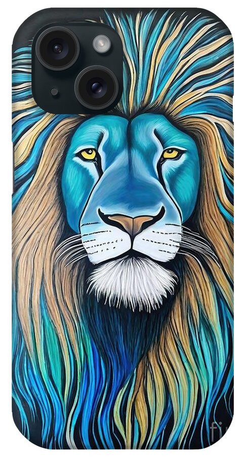 Head iPhone Case featuring the painting Painting Blue Lion head animal art lion portrait by N Akkash