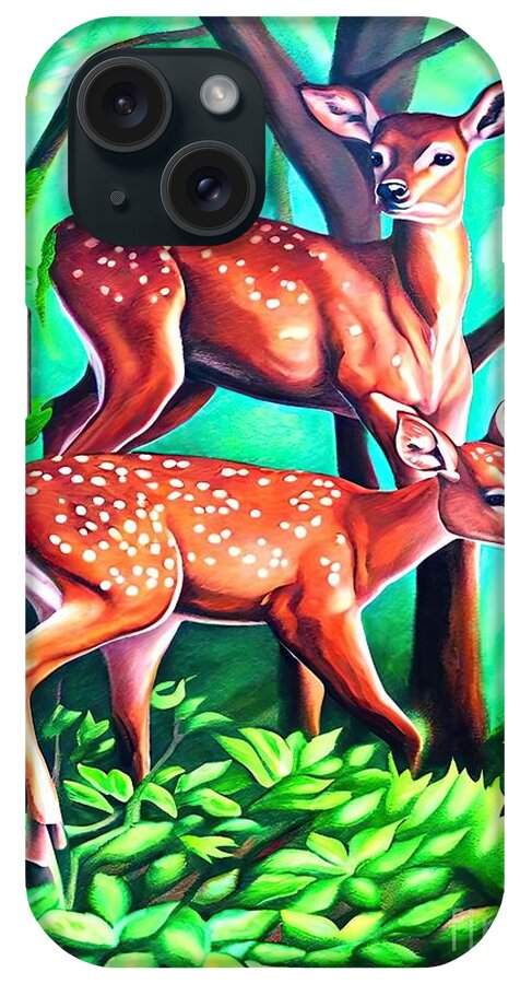 Deer iPhone Case featuring the painting Painting Doting Doe And The Fawn deer animal wild by N Akkash