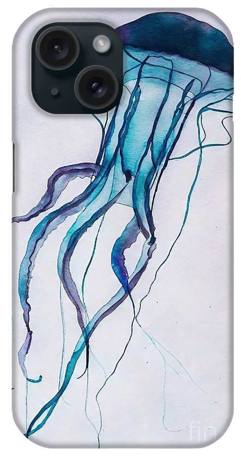Blue iPhone Case featuring the painting Painting Jellyfish 3 blue jellyfish background ar by N Akkash