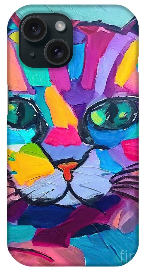 Color iPhone Case featuring the painting Painting Observant Cat color drawing moggy kitten by N Akkash
