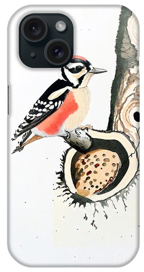 Bird iPhone Case featuring the painting Painting Spotted Woodpecker bird nature illustrat by N Akkash