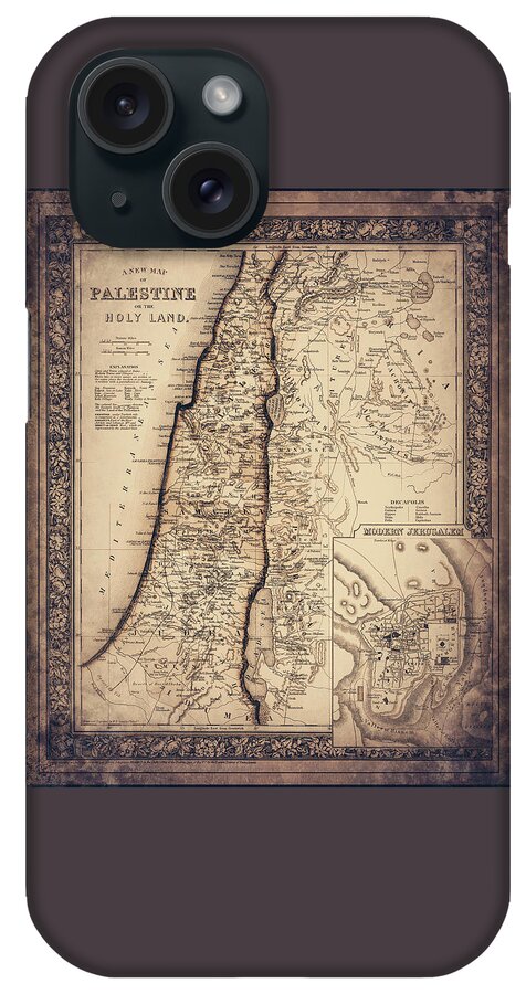 The Holy Land iPhone Case featuring the photograph Palestine or The Holy Land Antique Vintage Map 1864 Sepia by Carol Japp