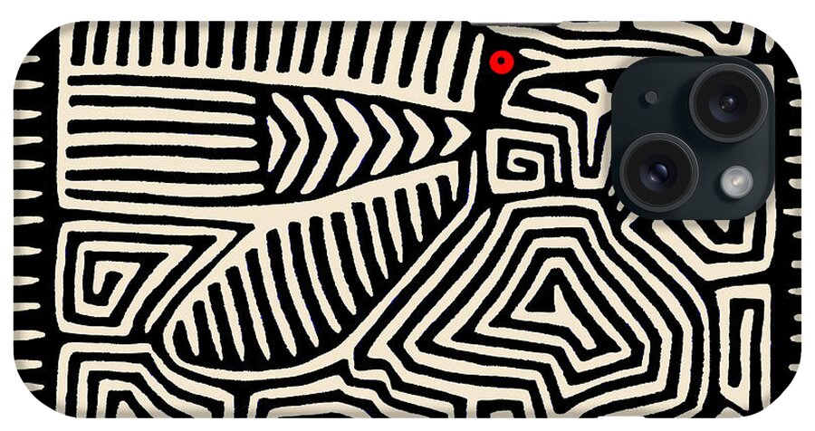 Kuna Indian iPhone Case featuring the digital art Panama Kuna Indian Pajaro Mola - Black by Vagabond Folk Art - Virginia Vivier