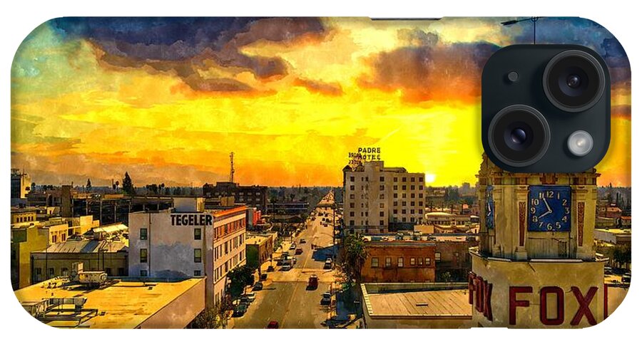 Bakersfield iPhone Case featuring the digital art Panorama of downtown Bakersfield, California - watercolor painting by Nicko Prints