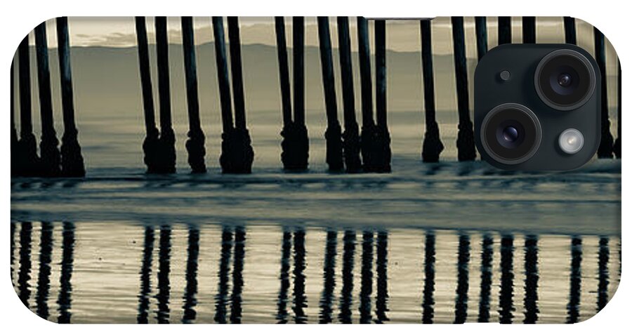 Pismo Beach Panorama iPhone Case featuring the photograph Panoramic Pismo Beach Pier Pilings - Sepia by Gregory Ballos