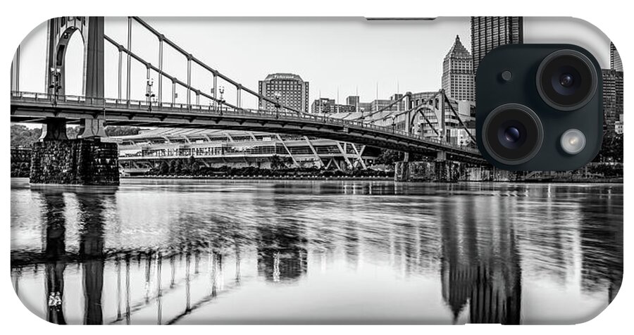 Pittsburgh Skyline iPhone Case featuring the photograph Panoramic Pittsburgh Skyline Reflections - Black and White by Gregory Ballos