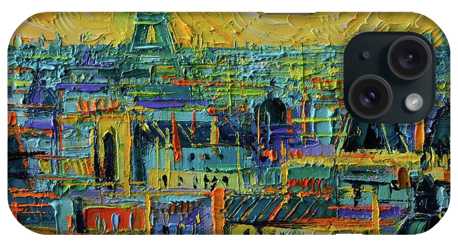 Paris Rooftops Under Golden Light iPhone Case featuring the painting PARIS ROOFTOPS UNDER GOLDEN LIGHT stylized palette knife oil painting Mona Edulesco by Mona Edulesco