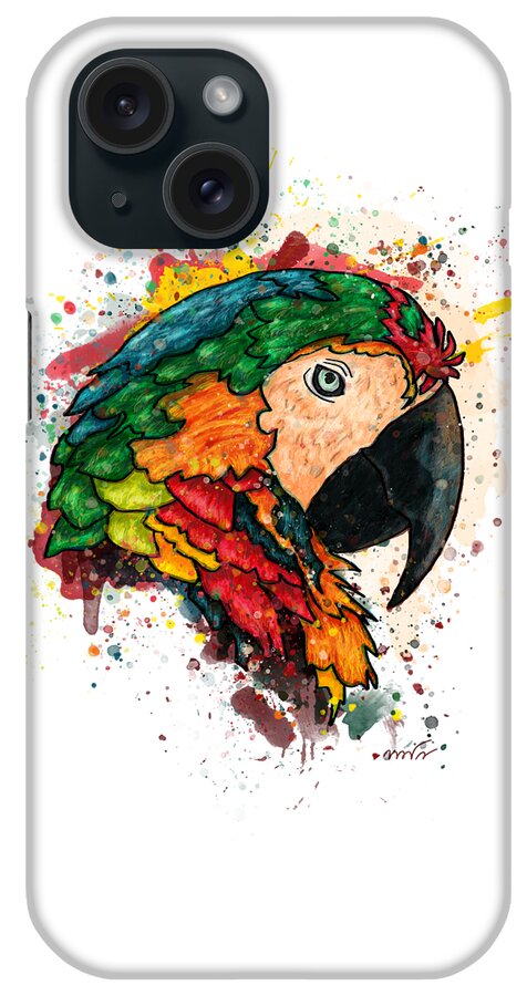 Parrot iPhone Case featuring the painting Parrot portrait painting on white background, Macaw parrot by Nadia CHEVREL