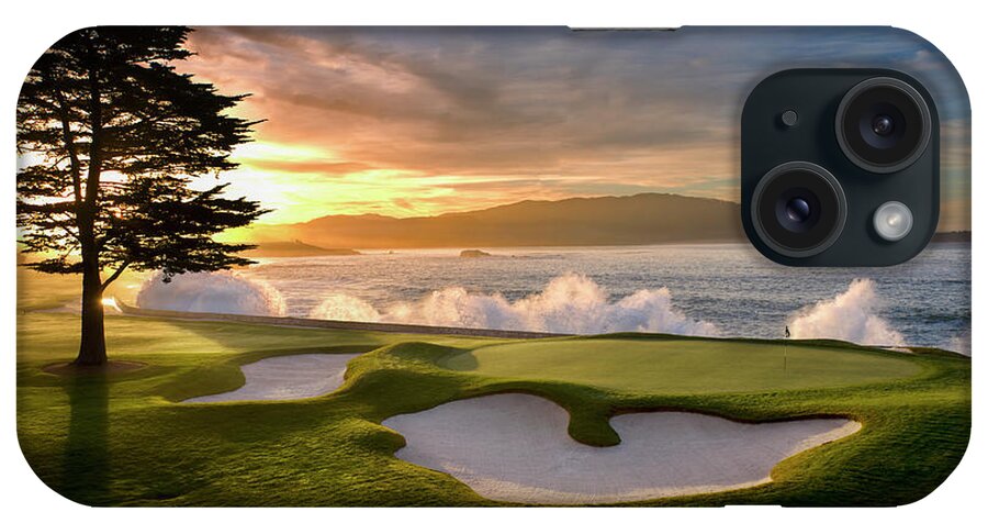 Golf iPhone Case featuring the digital art Pebble Beach Golf course 18th hole sunset by Peter Nowell