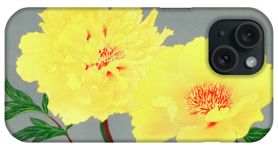 1939 iPhone Case featuring the painting Peony blossom, yellow flower, vintage print from The Picture Boo by Tony Rubino