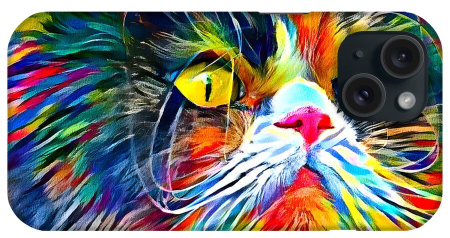 Persian Cat iPhone Case featuring the digital art Persian cat with long whiskers close-up - colorful zebra pattern painting by Nicko Prints