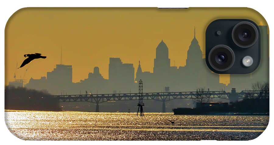 Philadelphia iPhone Case featuring the photograph Philadelphia Skyline with Gull at Sunset as Seen from Amico Island by Linda Stern