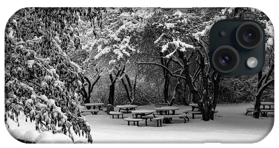 Black & White Photography iPhone Case featuring the photograph Picnic Under Snow Branches by Deb Beausoleil