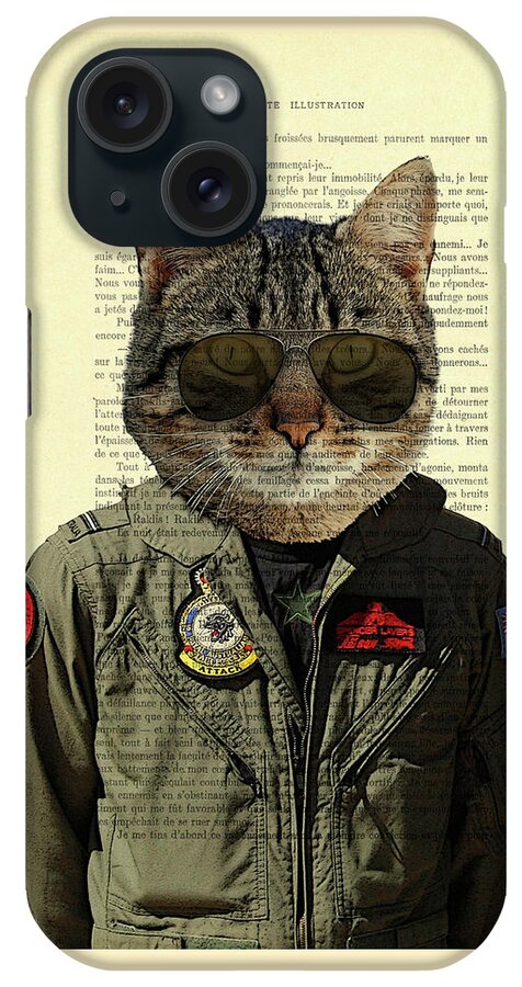 Cat iPhone Case featuring the digital art Pilot cat portrait on antique book page by Madame Memento