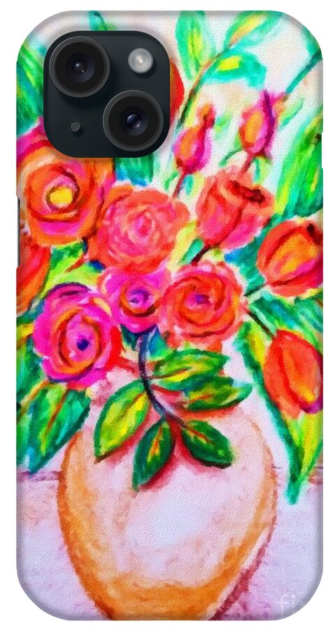 Pink iPhone Case featuring the digital art Pink and Orange Floral Bouquet Pastel Chalk Digitally Altered by Delynn Addams