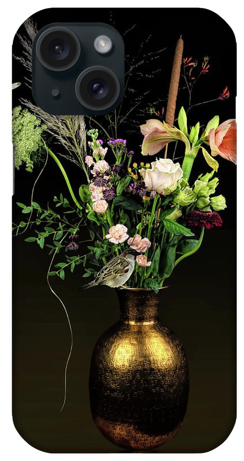 Pink iPhone Case featuring the digital art Pink flowers in gold vase by Marjolein Van Middelkoop