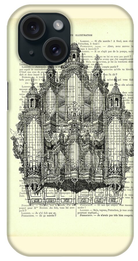 Organ iPhone Case featuring the mixed media Pipe organ in black and white on a French antique book page by Madame Memento