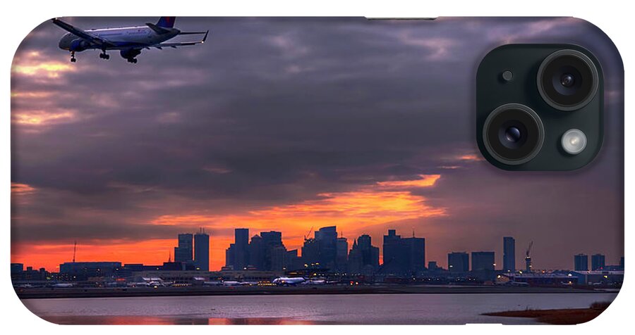  iPhone Case featuring the photograph Plane Over Boston Skyline Sunset by Joann Vitali