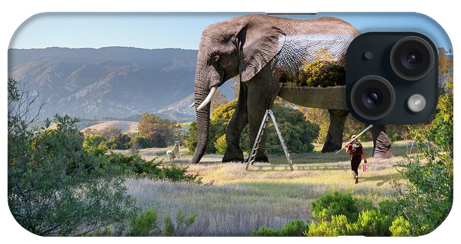Surrealistic Surrealism Surreal Digital Photograph Plein Air Art Painting Art Artist Painter Landscape Elephant Dog Ladder Brush Paint Lush Rich Whimsical Santa Barbara California Golden Hour Oversized Pachyderm Skin Canvas Scene Fun Funny Jumbo Animals Nature Unexpected Fantasy Digital Art Unreal Beyond Real Unusual Unearthly Uncanny Dreamlike Dreamscape Retouched Photoshop Edited Curious Imagination Make-believe Creative Creativity Vision Daydream Fanciful Illusion Original Mind's Eye iPhone Case featuring the photograph Plein Air by Perry Hambright