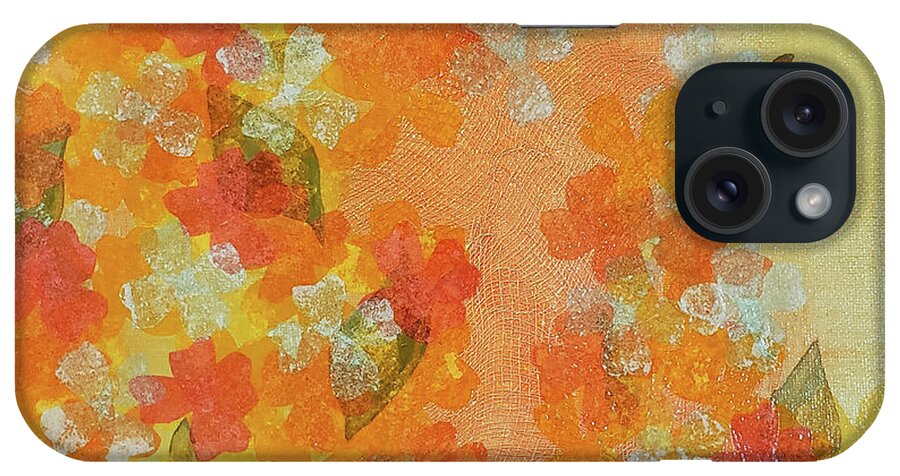 Abstract Painting iPhone Case featuring the mixed media PLUMERIA FLOWERS Abstract Collage in Orange Yellow Mango Sage Green by Lynnie Lang