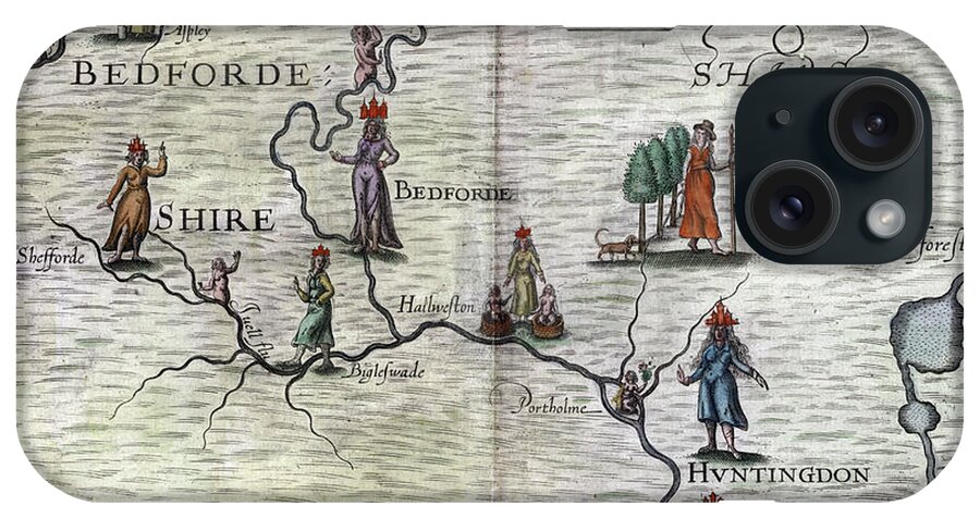 1622 iPhone Case featuring the drawing Poly-Olbion - Map of Bedfordshire, Huntingdonshire, and part of Cambridgeshire, England by Michael Drayton