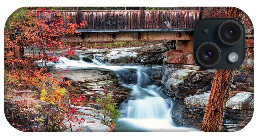Ponca Arkansas iPhone Case featuring the photograph Ponca Creek Falls and Covered Bridge in Autumn - Boxley Valley by Gregory Ballos