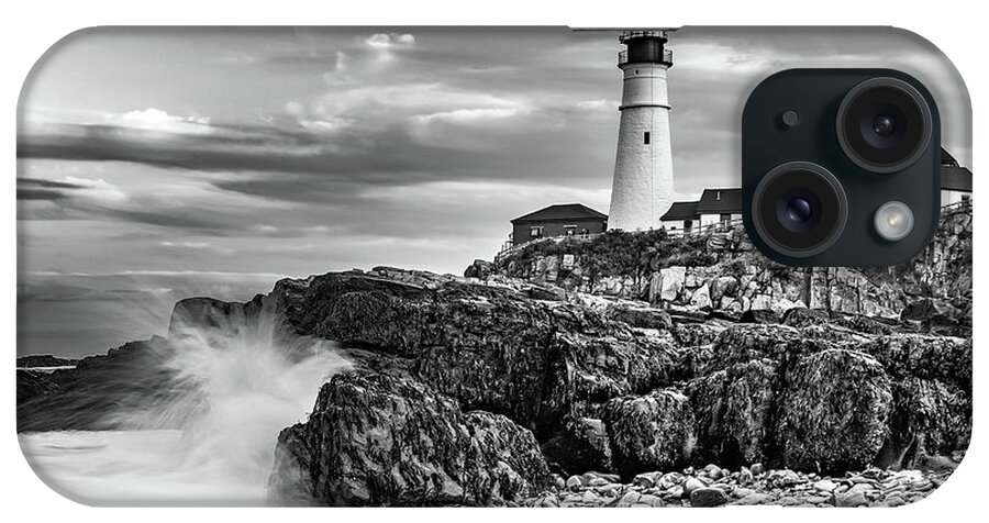 Portland Head Light iPhone Case featuring the photograph Portland Head Lighthouse At Sunset With Crashing Waves - Black and White by Gregory Ballos