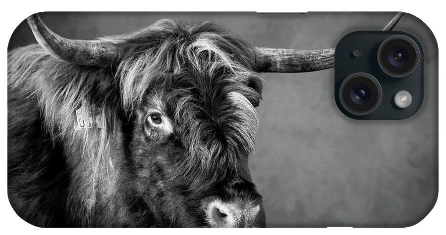 Portrait iPhone Case featuring the digital art Portrait scottish highlander cow in black and white by Marjolein Van Middelkoop