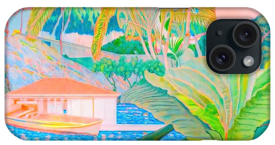 Seascape iPhone Case featuring the painting Postcard of Saba Island Painting seascape volcano palm tree banana tree airplane airport cottage home island landscape by N Akkash