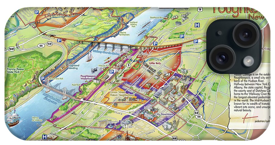 Vassar College iPhone Case featuring the digital art Poughkeepsie and Vassar College Illustrated Map by Maria Rabinky