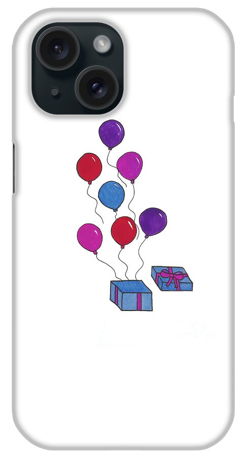 Birthday iPhone Case featuring the mixed media Present and Balloons by Lisa Neuman