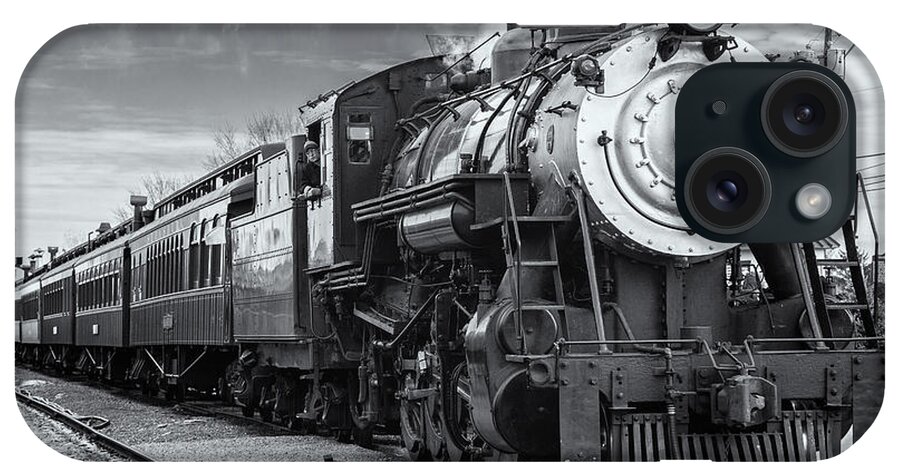 Strasburg Railroad Pennsylvania Steam Engine Locomotive Number 90 Old Iron Horse Black And White Train Track Tracks Smoke Station Pulling Into Passenger Cars Coaches Car Coach East Coast Southeastern iPhone 15 Case featuring the photograph Pulling into the Station by Brad Brizek
