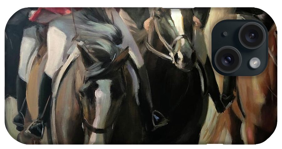 Horse Horses Foxhunt Animals Equestrian Oil Painting Contemporary iPhone Case featuring the painting Pulling on the rein by Susan Bradbury