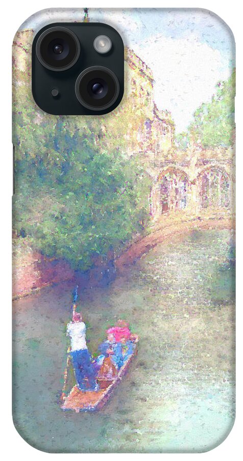'river Cam' iPhone Case featuring the photograph Punting on the River Cam with a pointillism effect by Sue Leonard