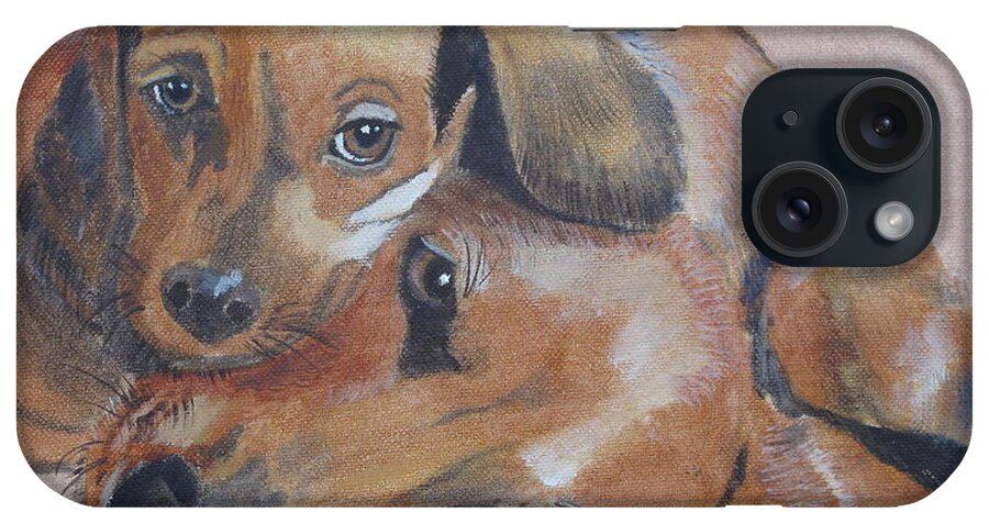 Pets iPhone Case featuring the painting Puppies Cuddling by Kathie Camara