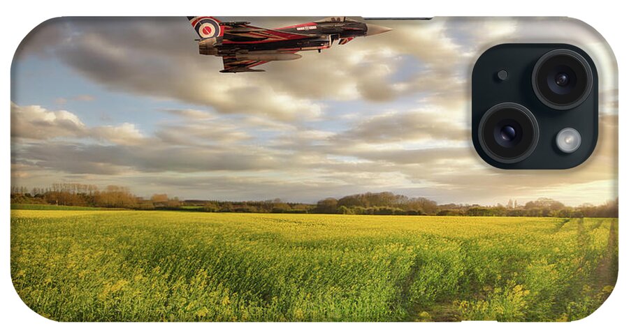 Raf iPhone Case featuring the photograph RAF Typhoon Eurofighter jet flying over rapeseed crops by Simon Bratt
