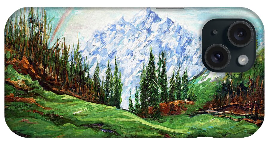 Rainbow iPhone Case featuring the painting Rainbow Over the Snow Covered Mountain by Harsh Malik